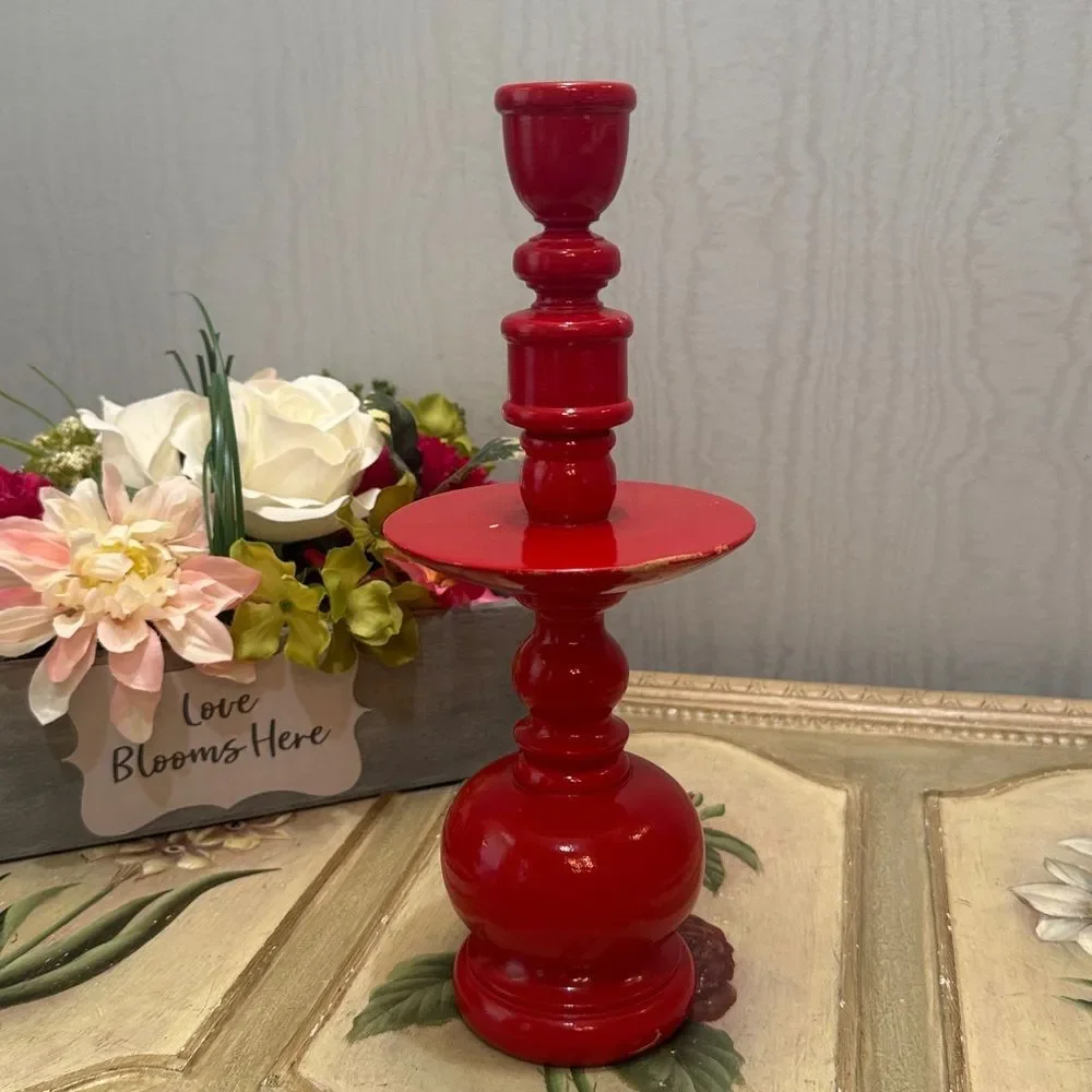 Vintage 70s Red Wooden Turned Sculptural Candle Holder Bobbin Bulbous MCM